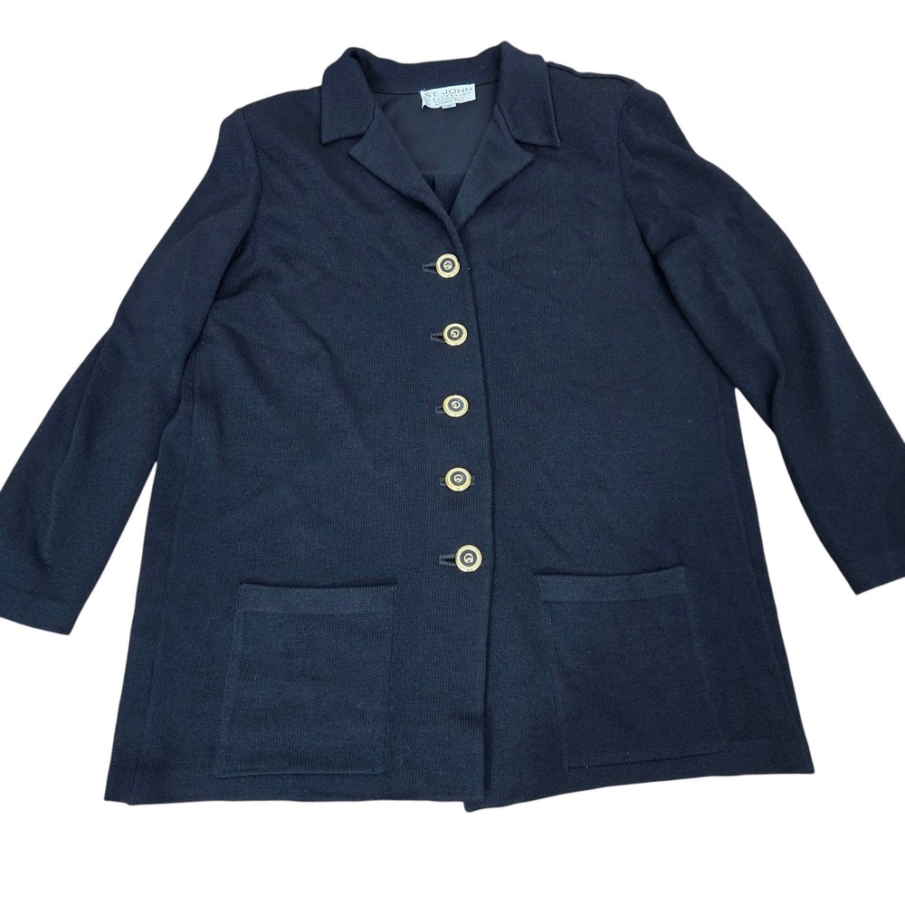 St. John Collection Cardigan 16 Navy Blue Knit Button Front vintage Logo Buttons